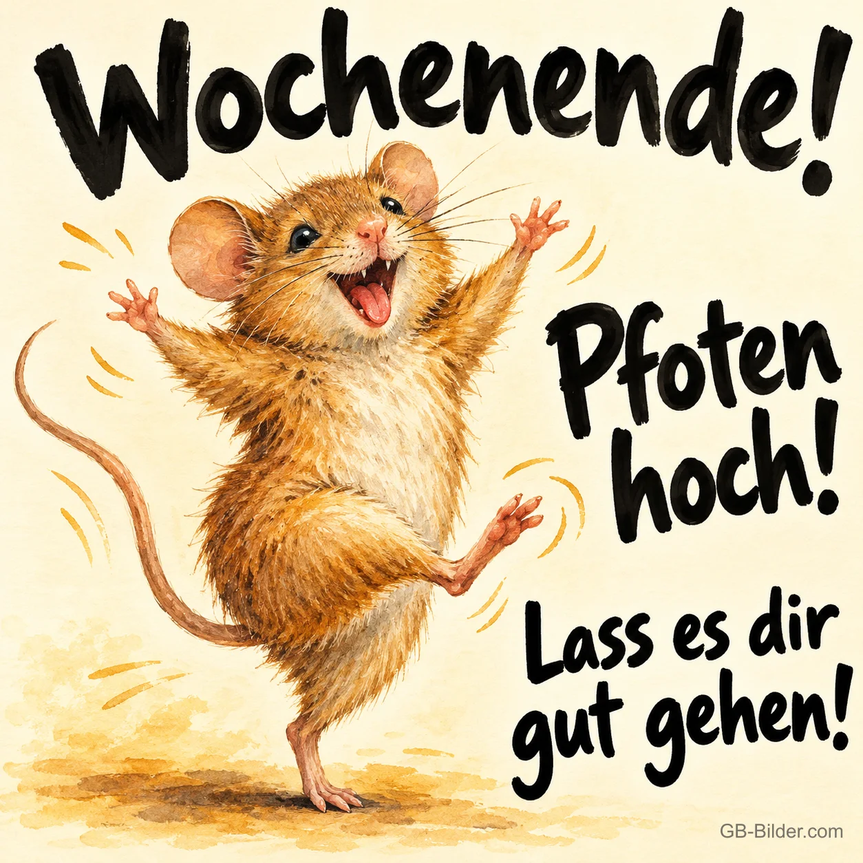 Maus springt jubelnd mit hochgerissenen Pfoten, Text: Wochenende! Pfoten hoch! Lass es dir gut gehen!