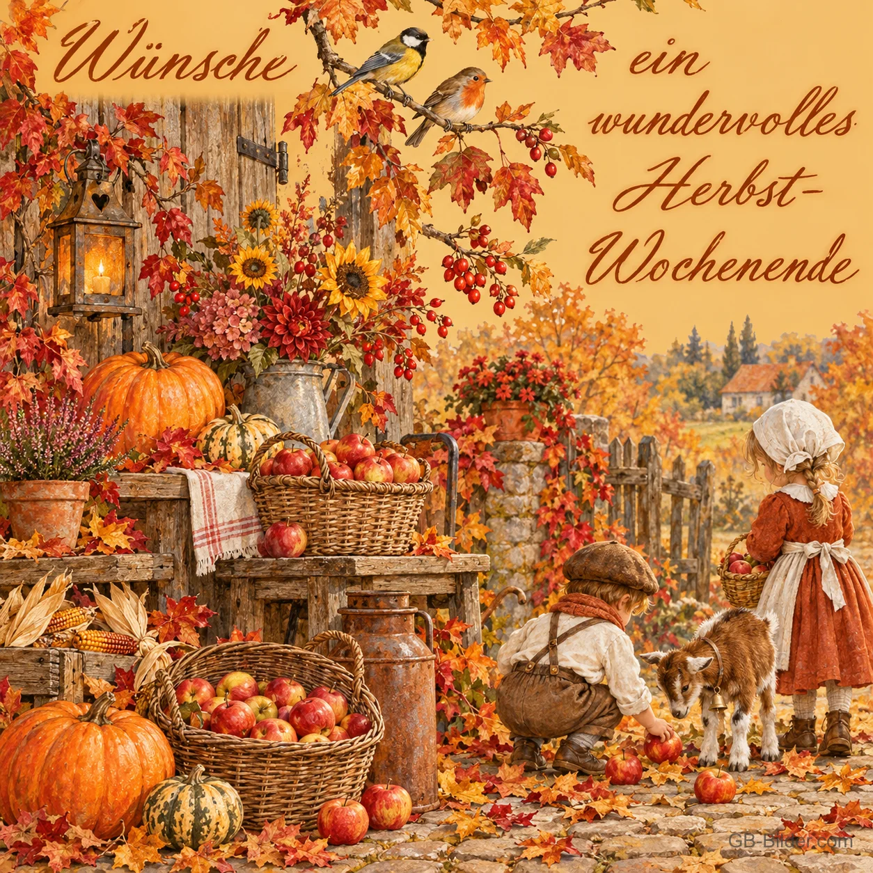 Kinder mit Äpfeln und Kürbissen am Bauernhof, Text: Wünsche ein wundervolles Herbst-Wochenende