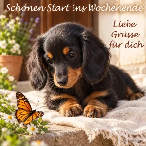 Dackelwelpe mit Schmetterling, Text: Schönen Start ins Wochenende
