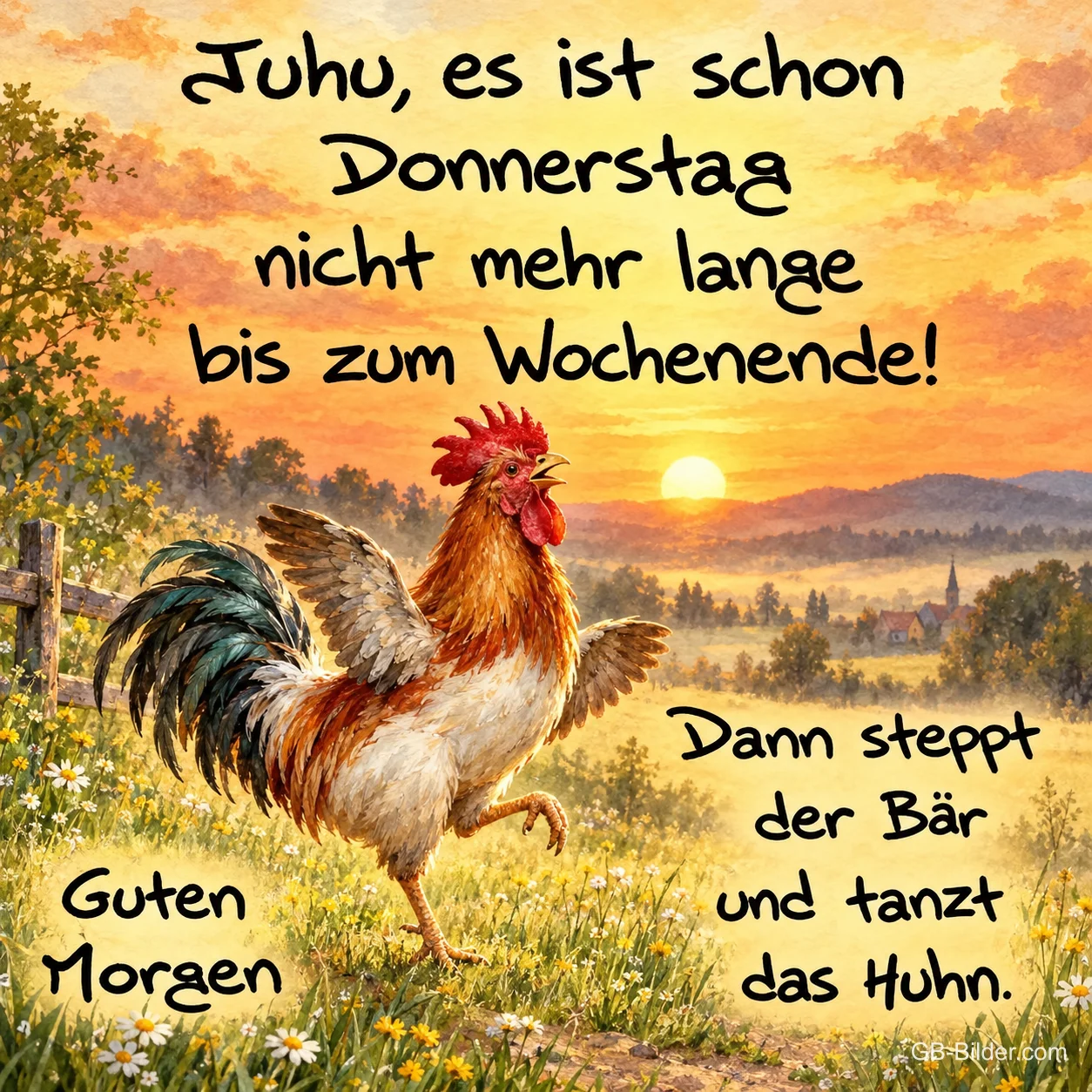 Tanzender Hahn auf einer Wiese bei Sonnenaufgang, Text: Juhu, es ist schon Donnerstag – nicht mehr lange bis zum Wochenende! Dann steppt der Bär und tanzt das Huhn. Guten Morgen