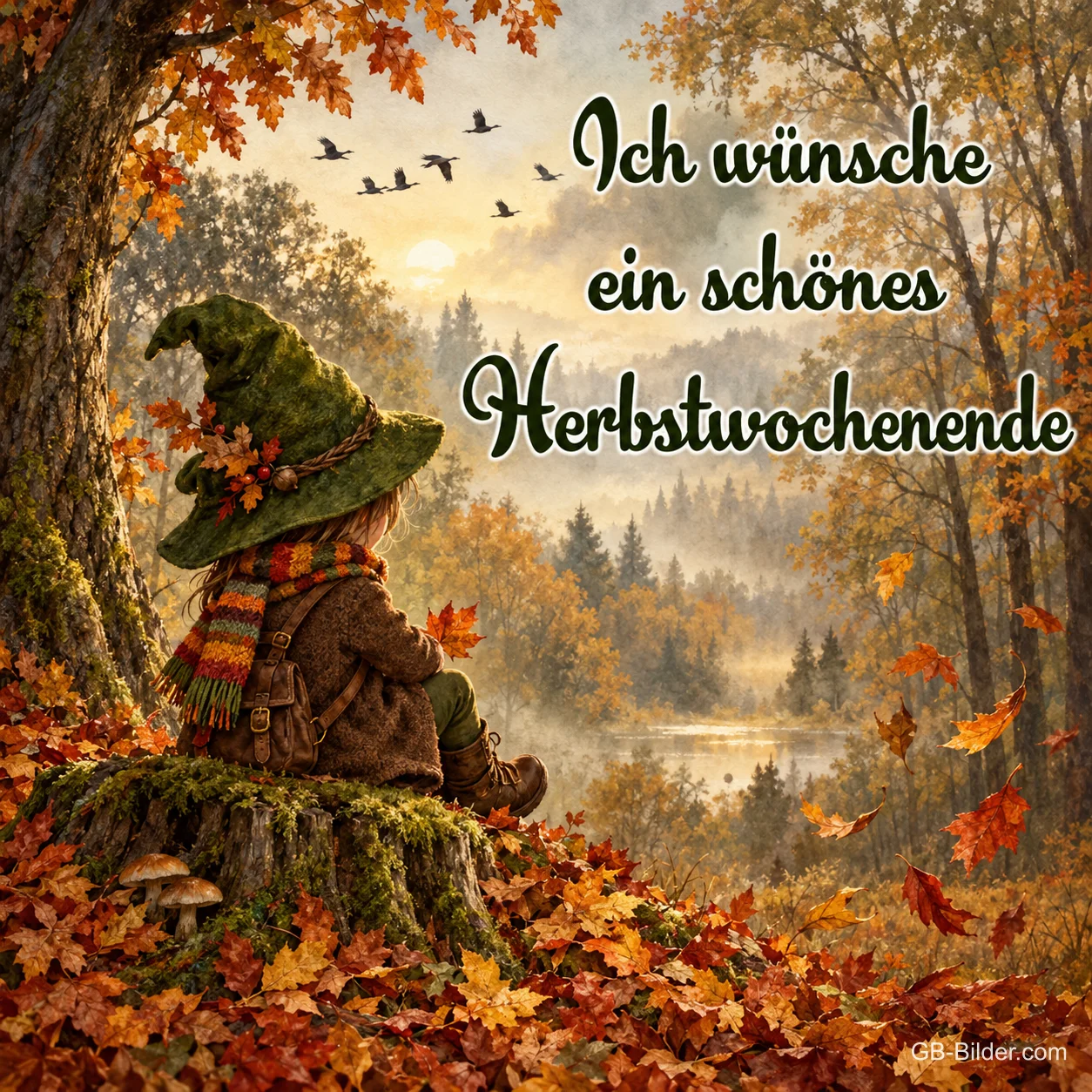 Kind mit Zipfelhut im herbstlichen Wald, Text: Ich wünsche ein schönes Herbstwochenende