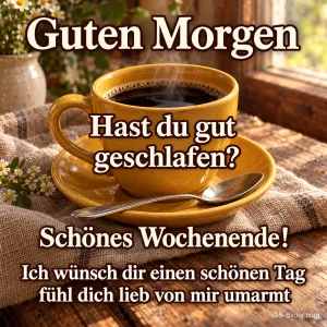 Gelbe Kaffeetasse am Fenster, Text: Guten Morgen