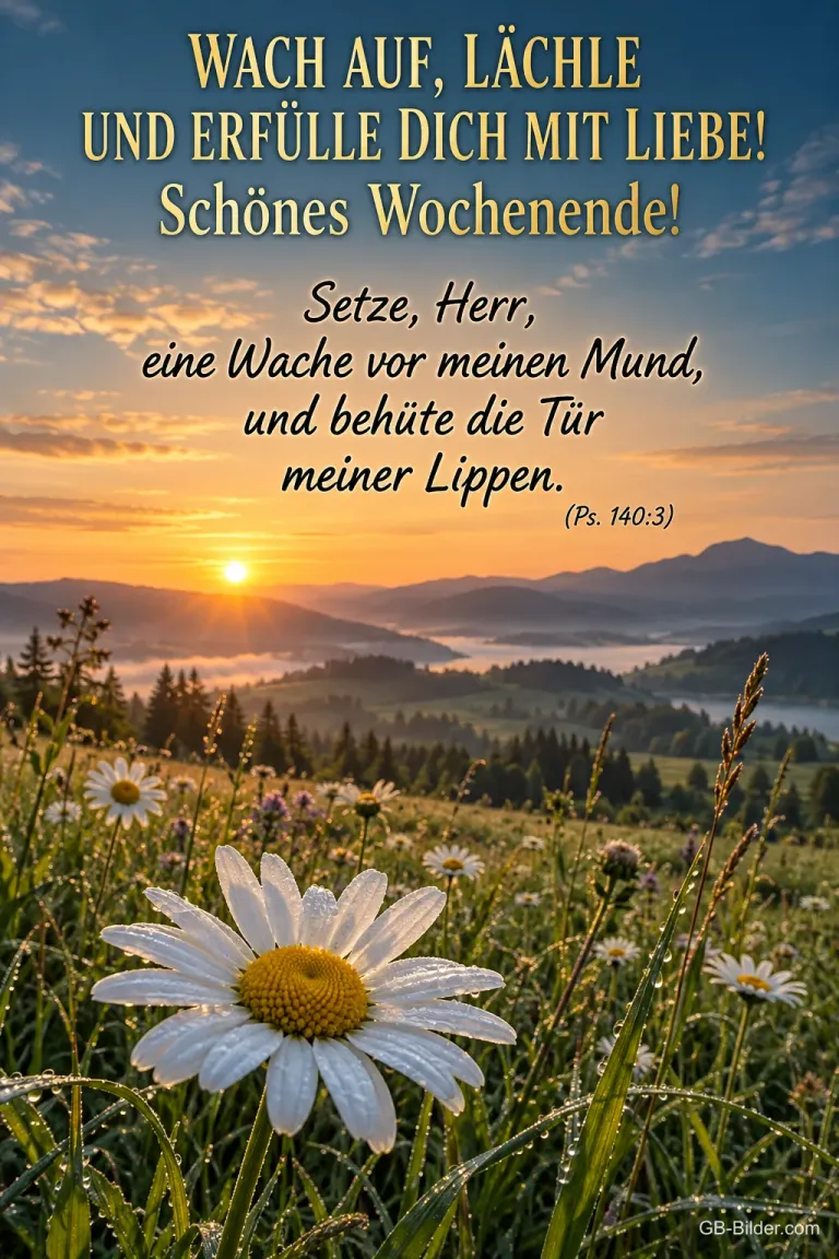 Margerite im Sonnenaufgang, Psalm 140, Text: Wach auf, lächle und erfülle dich mit Liebe