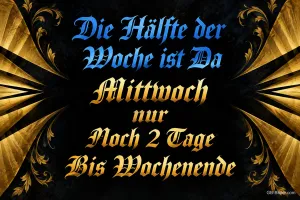 Blaue und goldene Schrift auf schwarzem Hintergrund mit Strahlen, Text: Die Hälfte der Woche ist da – Mittwoch – nur noch 2 Tage bis Wochenende