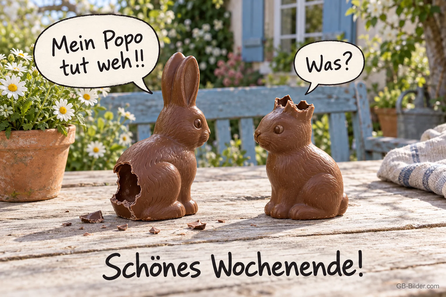 Zwei angeknabberte Schokoladenhasen mit Sprechblasen auf einem Gartentisch, Text: „Mein Popo tut weh!!“ – „Was?“ – Schönes Wochenende!