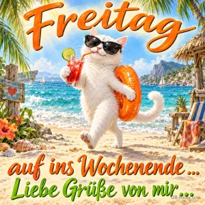 Weiße Katze mit Sonnenbrille, Cocktail und Schwimmring läuft am Strand, Text: Freitag auf ins Wochenende ... Liebe Grüße von mir ...