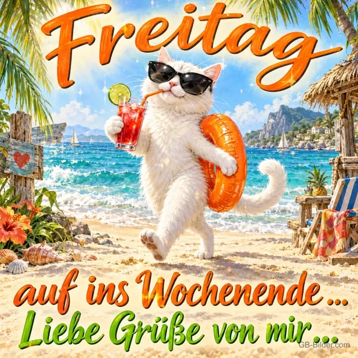 Weiße Katze mit Sonnenbrille, Cocktail und Schwimmring läuft am Strand, Text: Freitag auf ins Wochenende ... Liebe Grüße von mir ...