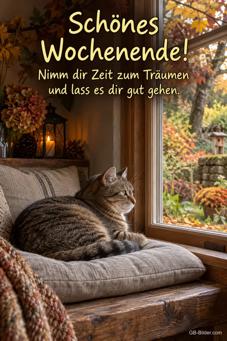 Getigerte Katze liegt auf einem Kissen am Herbstfenster, Text: Schönes Wochenende! Nimm dir Zeit zum Träumen und lass es dir gut gehen.