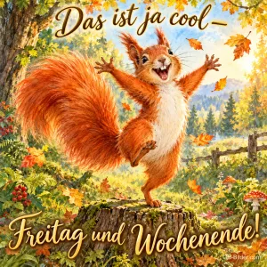 Eichhörnchen jubelt auf einem Baumstumpf im Herbstwald, Text: Das ist ja cool – Freitag und Wochenende!