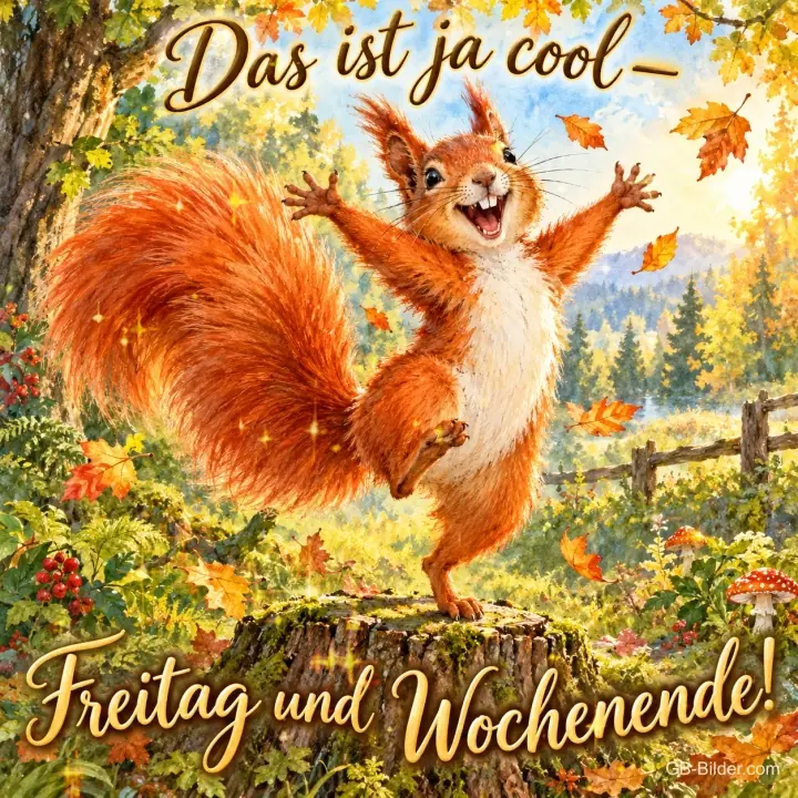 Eichhörnchen jubelt auf einem Baumstumpf im Herbstwald, Text: Das ist ja cool – Freitag und Wochenende! Eichhörnchen jubelt auf einem Baumstumpf im Herbstwald, Text: Das ist ja cool – Freitag und Wochenende!
