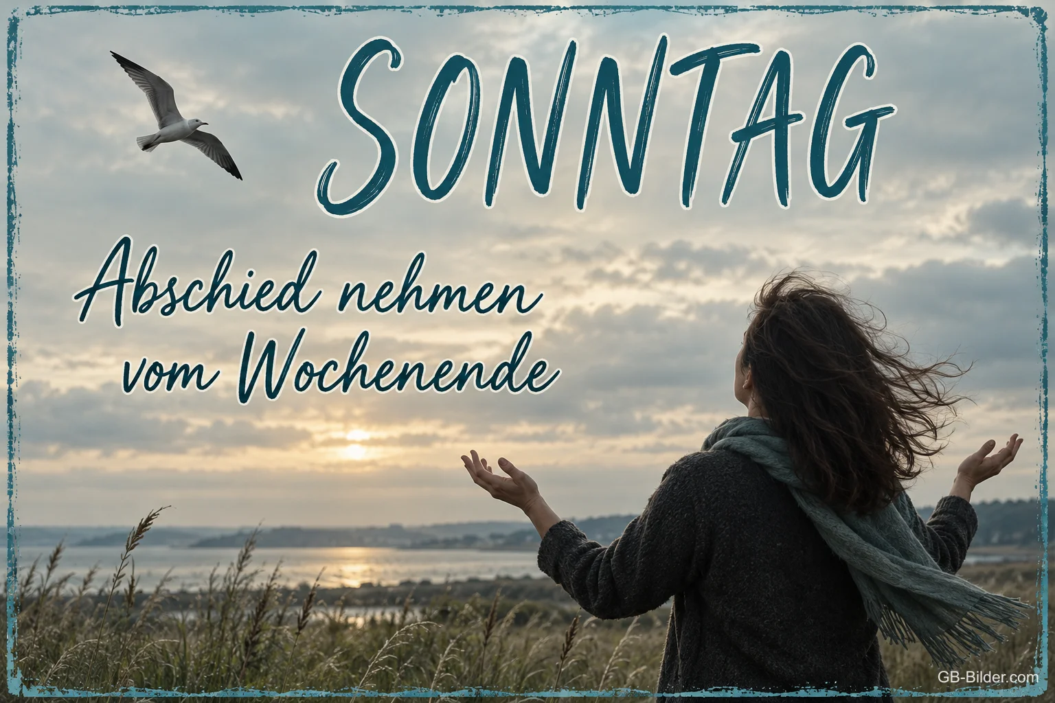Frau breitet am Ufer die Arme aus, Text: Sonntag – Abschied nehmen vom Wochenende