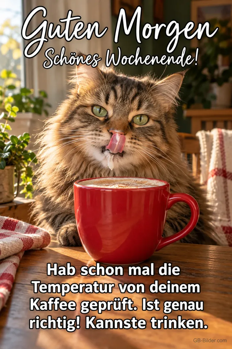 Katze mit Kaffeetasse, lustiger Spruch, Text: Guten Morgen