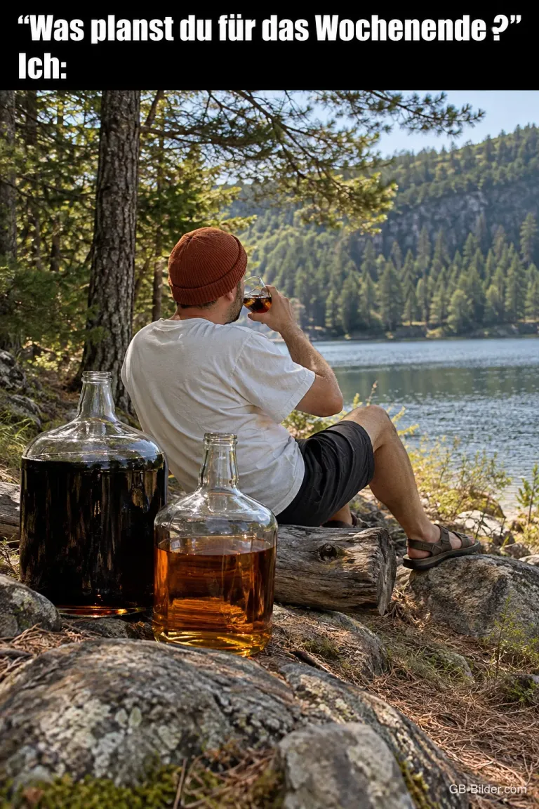 Mann am See mit Flaschen, lustiger Spruch, Text: Was planst du für das Wochenende