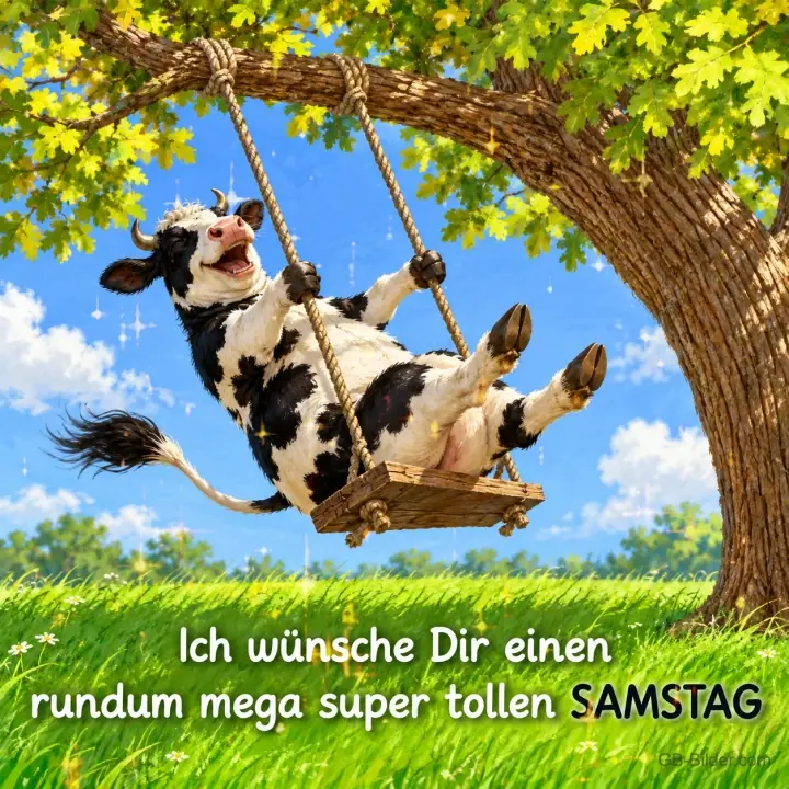 Kuh schaukelt fröhlich auf einer Baumschaukel, Text: Ich wünsche Dir einen rundum mega super tollen SAMSTAG