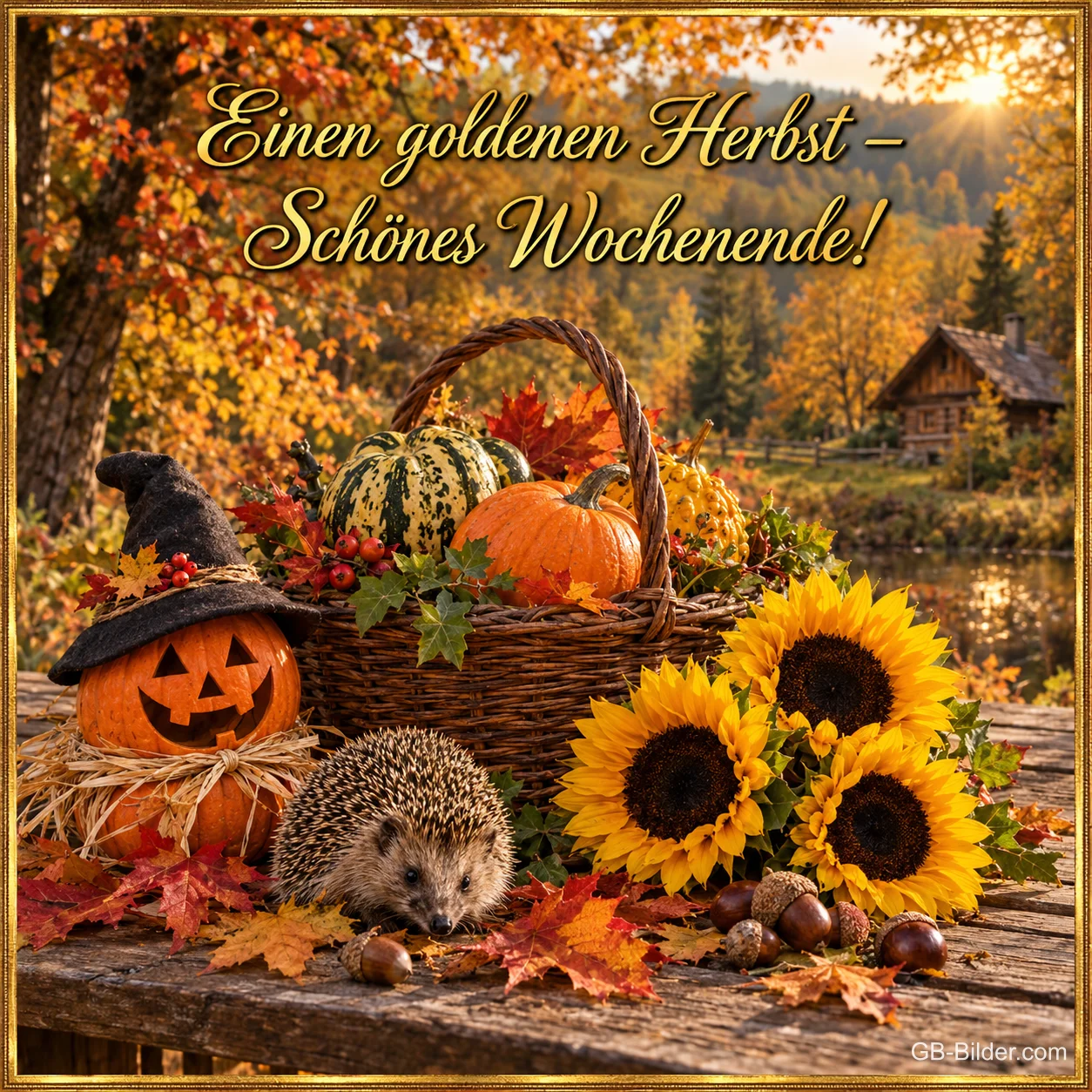 Kürbisse, Sonnenblumen und Igel im Herbst, Text: Einen goldenen Herbst – Schönes Wochenende!