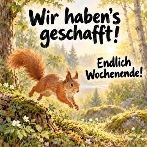 Eichhörnchen springt fröhlich über einen moosigen Waldboden, Text: Wir haben’s geschafft! Endlich Wochenende!