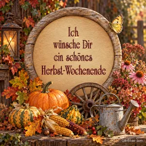 Holzrahmen mit Kürbissen und Herbstblumen, Text: Ich wünsche Dir ein schönes Herbst-Wochenende
