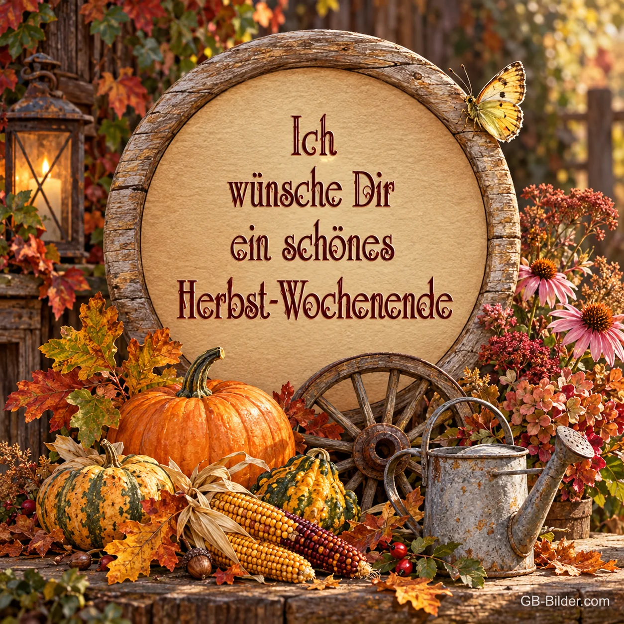 Holzrahmen mit Kürbissen und Herbstblumen, Text: Ich wünsche Dir ein schönes Herbst-Wochenende