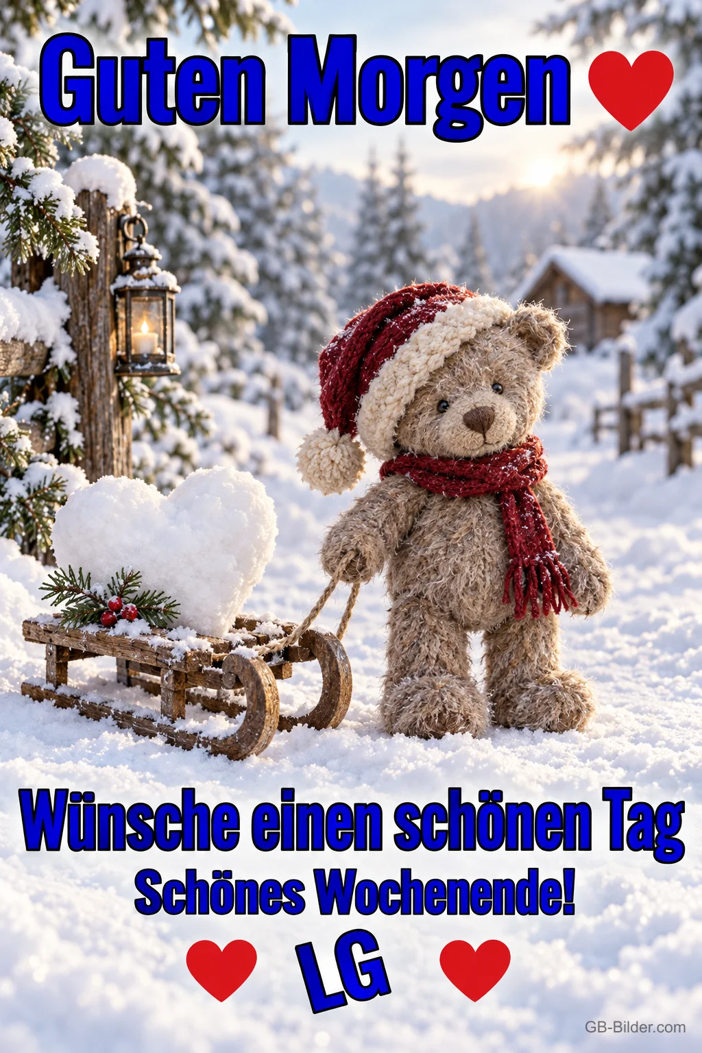 Teddybär mit Schlitten im Schnee, Text: Guten Morgen