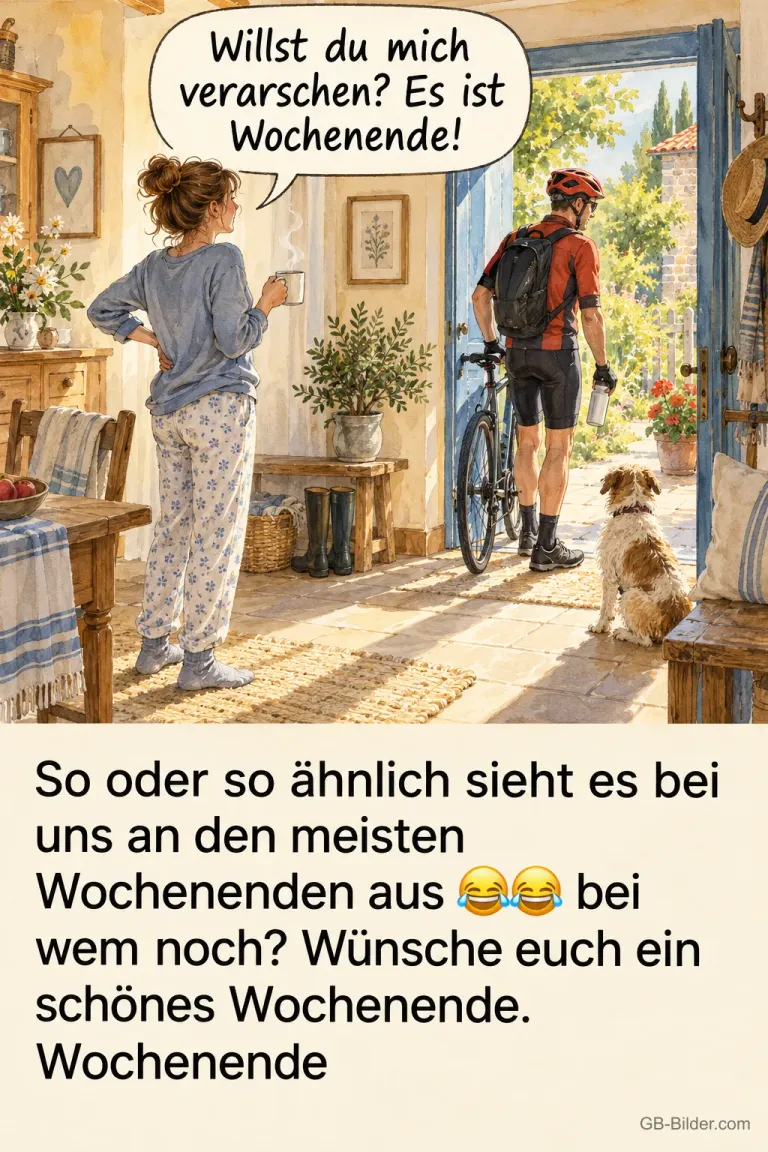 Frau im Schlafanzug und Radfahrer an der Tür, lustiger Spruch: Willst du mich verarschen? Es ist Wochenende!