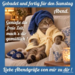 Katze im Bademantel, lustiger Text, Text: Gebadet und fertig für den Samstag Abend