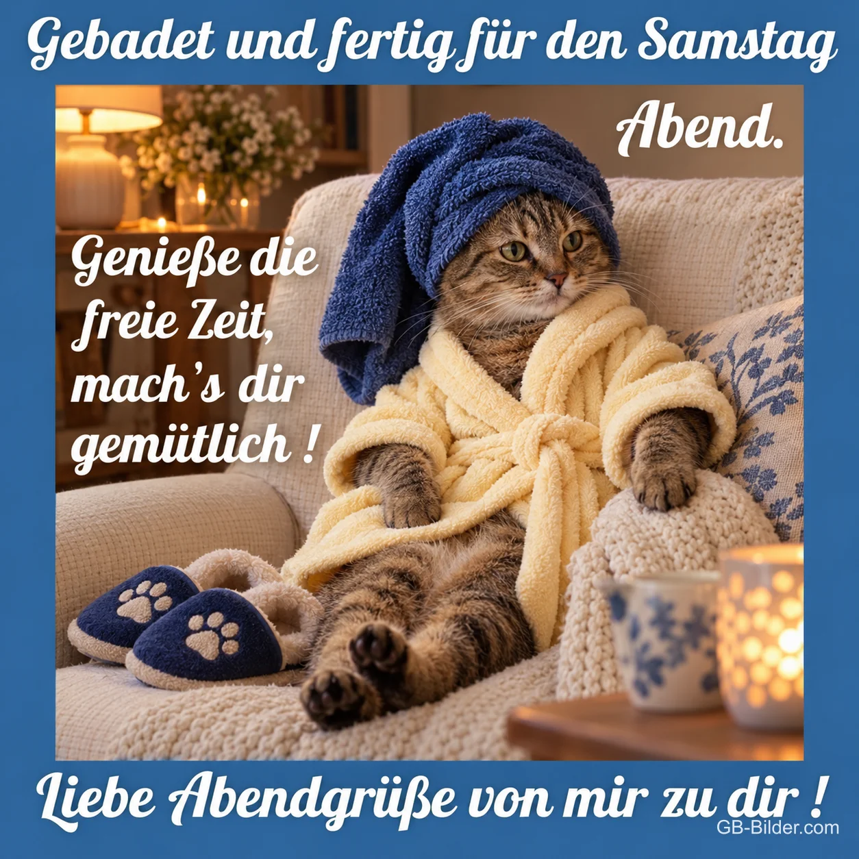 Katze im Bademantel, lustiger Text, Text: Gebadet und fertig für den Samstag Abend