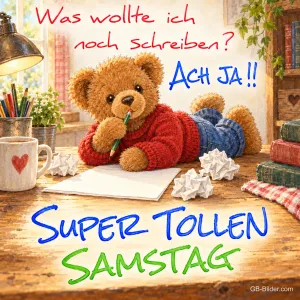 Teddybär mit Bleistift, Text: Was wollte ich noch schreiben