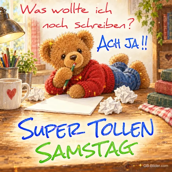 Teddybär mit Bleistift, Text: Was wollte ich noch schreiben