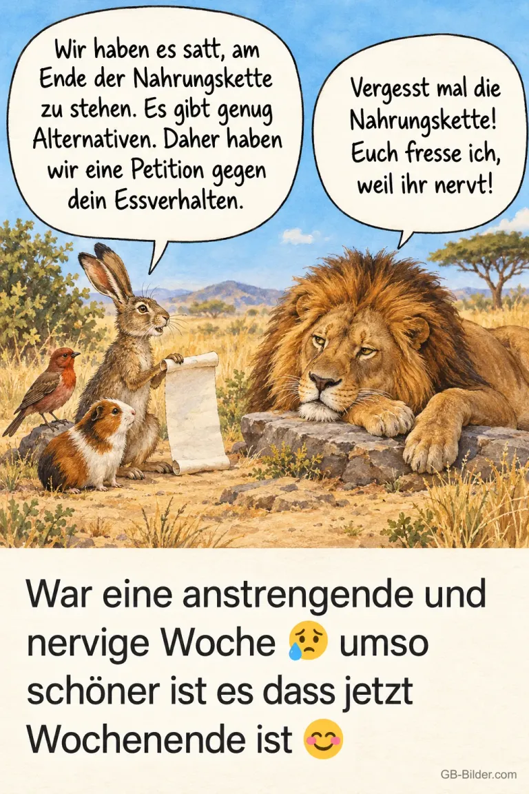 Hase und Freunde mit Petition beim Löwen, lustiger Wochenend-Spruch