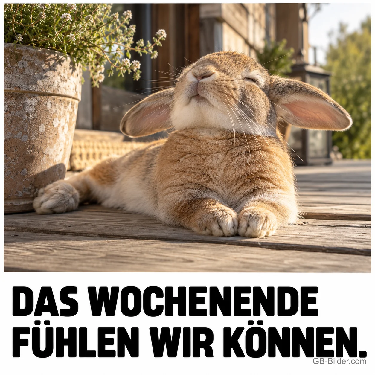Kaninchen genießt die Sonne, Text: Das Wochenende fühlen wir können