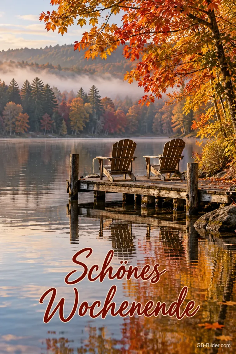 Steg mit Stühlen am Herbstsee, Text: Schönes Wochenende