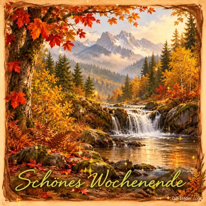 Wasserfall im Herbst, Text: Schönes Wochenende