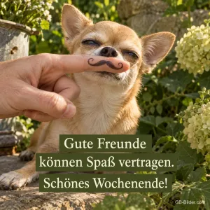 Chihuahua mit Fingerschnurrbart, Text: Gute Freunde können Spaß vertragen.