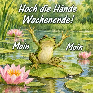 Frosch mit erhobenen Armen, Text: Hoch die Hände Wochenende