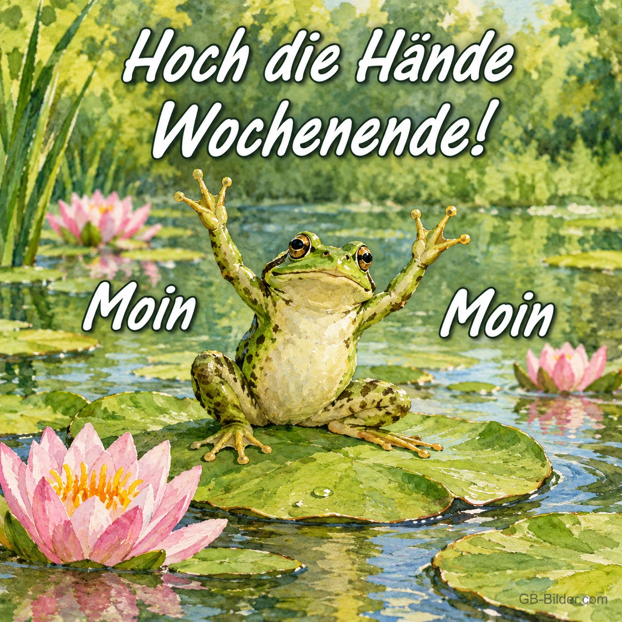 Frosch mit erhobenen Armen, Text: Hoch die Hände Wochenende