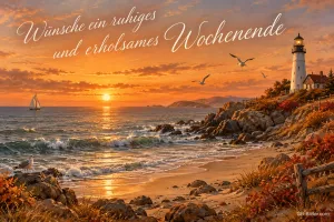 Leuchtturm im Sonnenuntergang, Text: Wünsche ein ruhiges und erholsames Wochenende