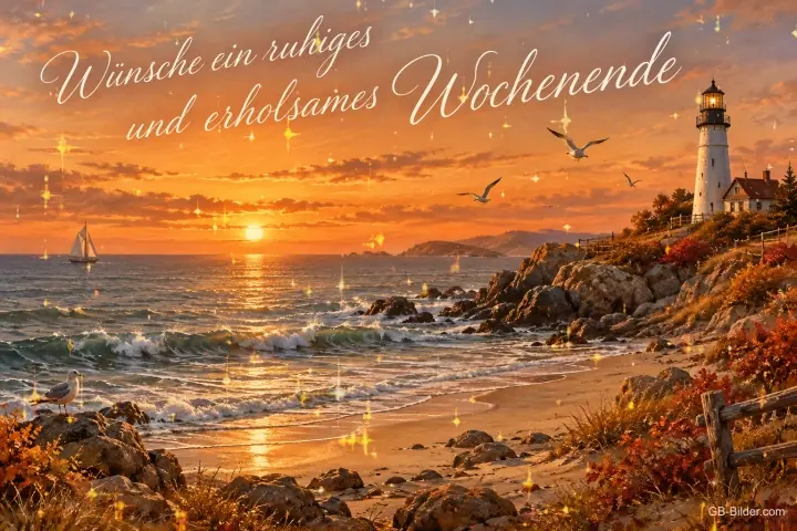 Leuchtturm im Sonnenuntergang, Text: Wünsche ein ruhiges und erholsames Wochenende