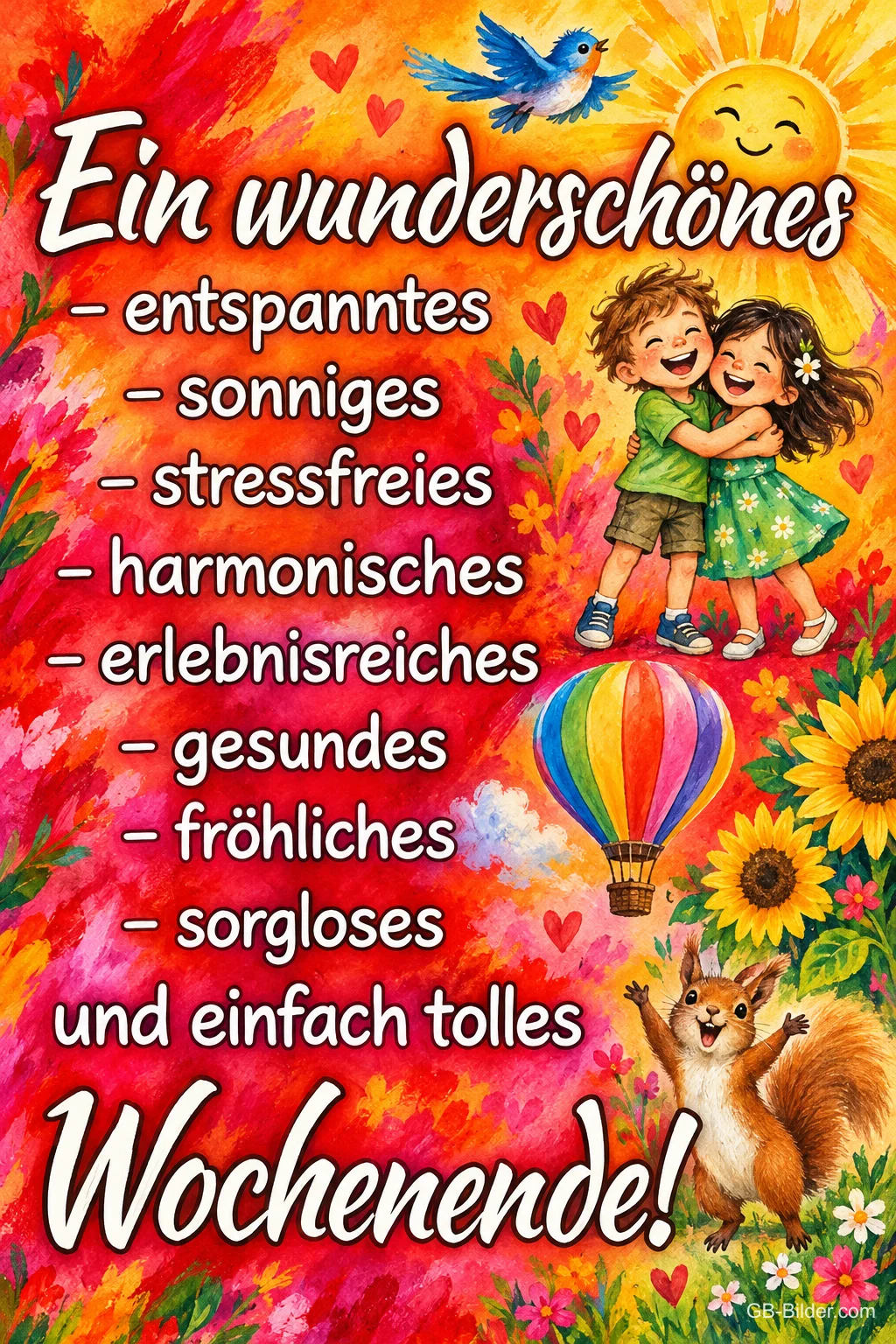 Zwei Kinder umarmen sich zwischen Sonnenblumen, Heißluftballon und Sonne, Text: Ein wunderschönes – entspanntes – sonniges – stressfreies – harmonisches – erlebnisreiches – gesundes – fröhliches – sorgloses und einfach tolles Wochenende!