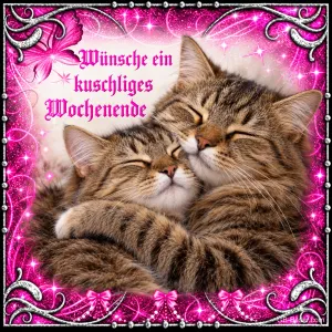 Zwei getigerte Katzen kuscheln mit geschlossenen Augen, Text: Wünsche ein kuschliges Wochenende