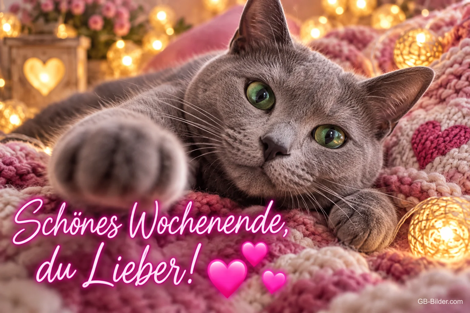 Graue Katze streckt die Pfote auf einer rosa Strickdecke mit Lichtern, Text: Schönes Wochenende, du Lieber!
