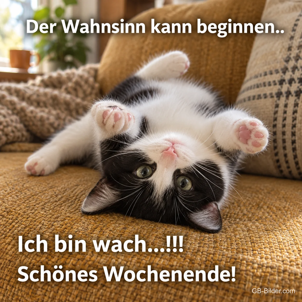 Kätzchen kopfüber auf dem Sofa, Text: Der Wahnsinn kann beginnen