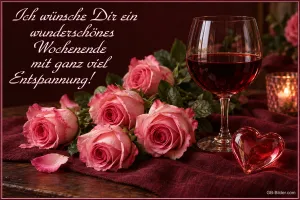 Rosen mit Rotwein, Text: Ich wünsche Dir ein wunderschönes Wochenende mit ganz viel Entspannung