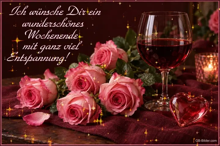 Rosen mit Rotwein, Text: Ich wünsche Dir ein wunderschönes Wochenende mit ganz viel Entspannung