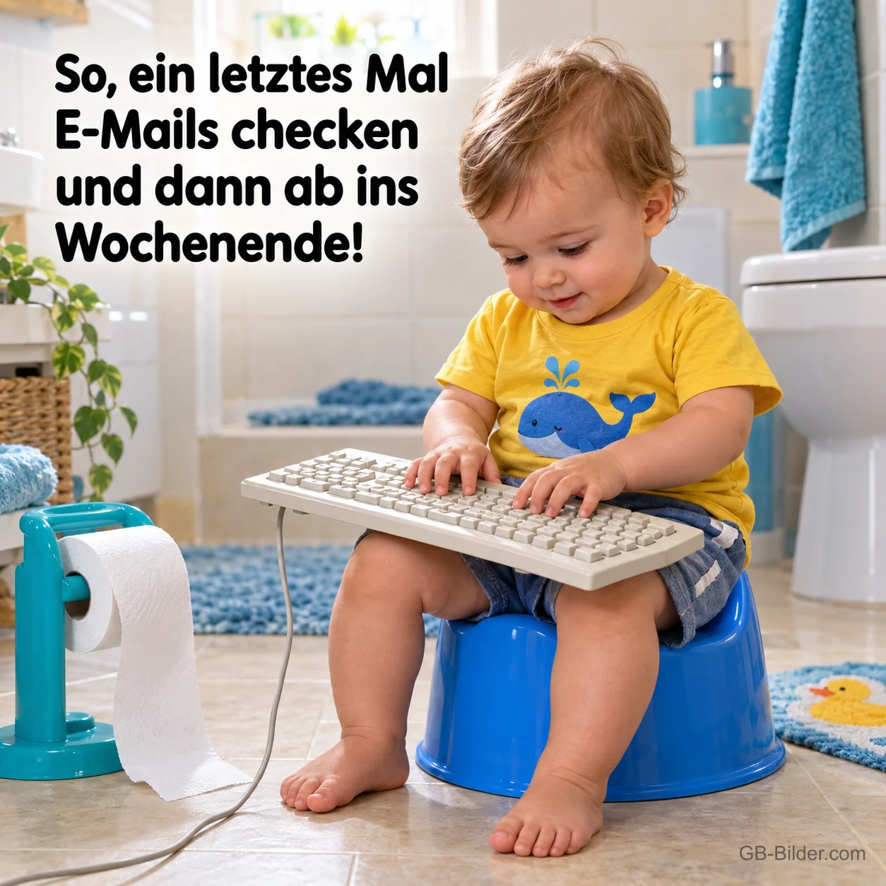 Kleinkind sitzt auf dem Töpfchen und tippt auf einer Tastatur, Text: So, ein letztes Mal E-Mails checken und dann ab ins Wochenende!
