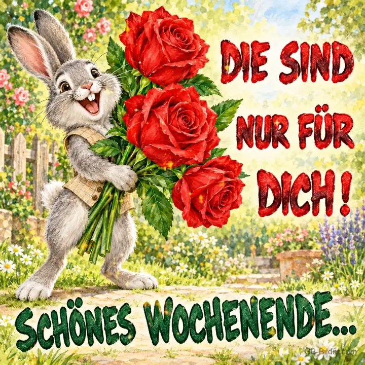 Hase hält einen großen Strauß roter Rosen, Text: DIE SIND NUR FÜR DICH! SCHÖNES WOCHENENDE...