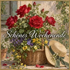Korb mit roten Rosen und Frühlingsblumen neben einem Strohhut, Text: Schönes Wochenende