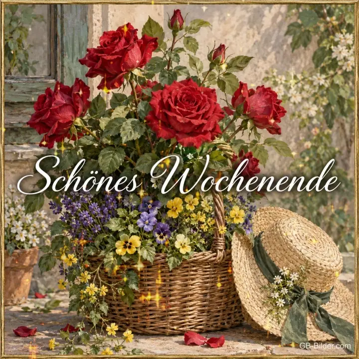 Korb mit roten Rosen und Frühlingsblumen neben einem Strohhut, Text: Schönes Wochenende