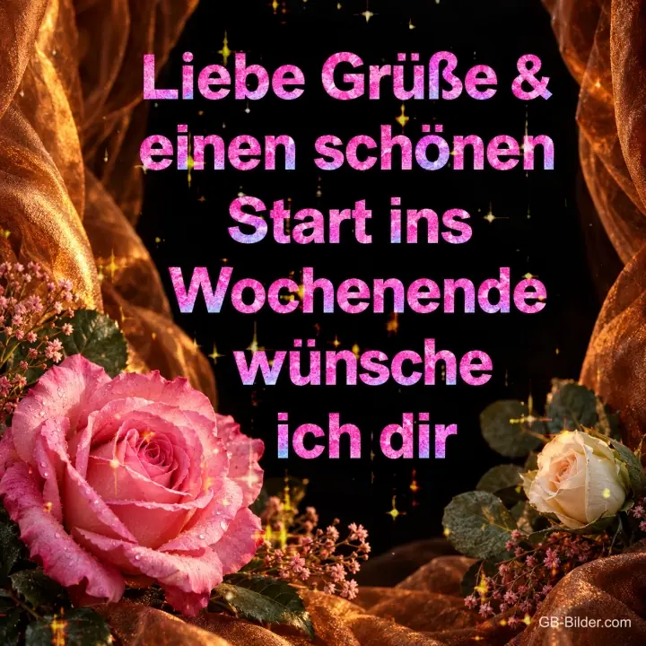 Rosa und weiße Rosen vor goldenem Seidenstoff, Text: Liebe Grüße & einen schönen Start ins Wochenende wünsche ich dir