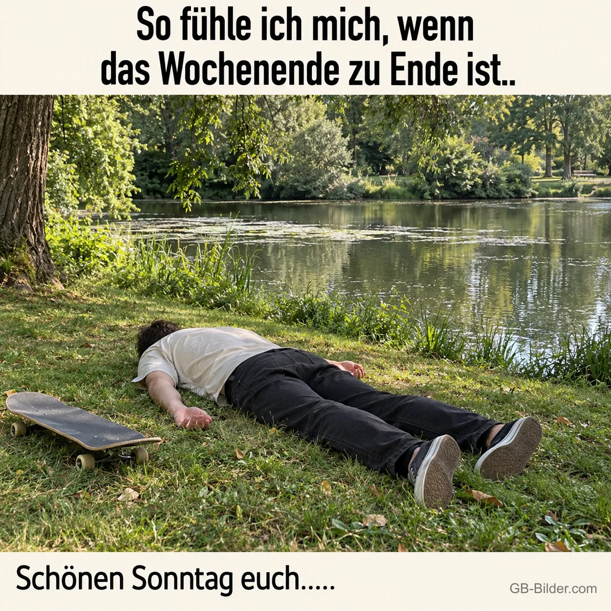 Erschöpfter Mann im Gras am See, lustiger Text: So fühle ich mich, wenn das Wochenende zu Ende ist