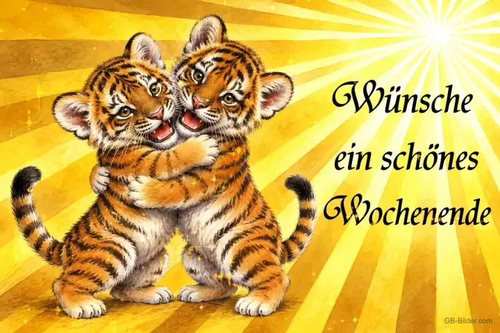 Zwei Tigerbabys umarmen sich im Sonnenlicht, Text: Wünsche ein schönes Wochenende